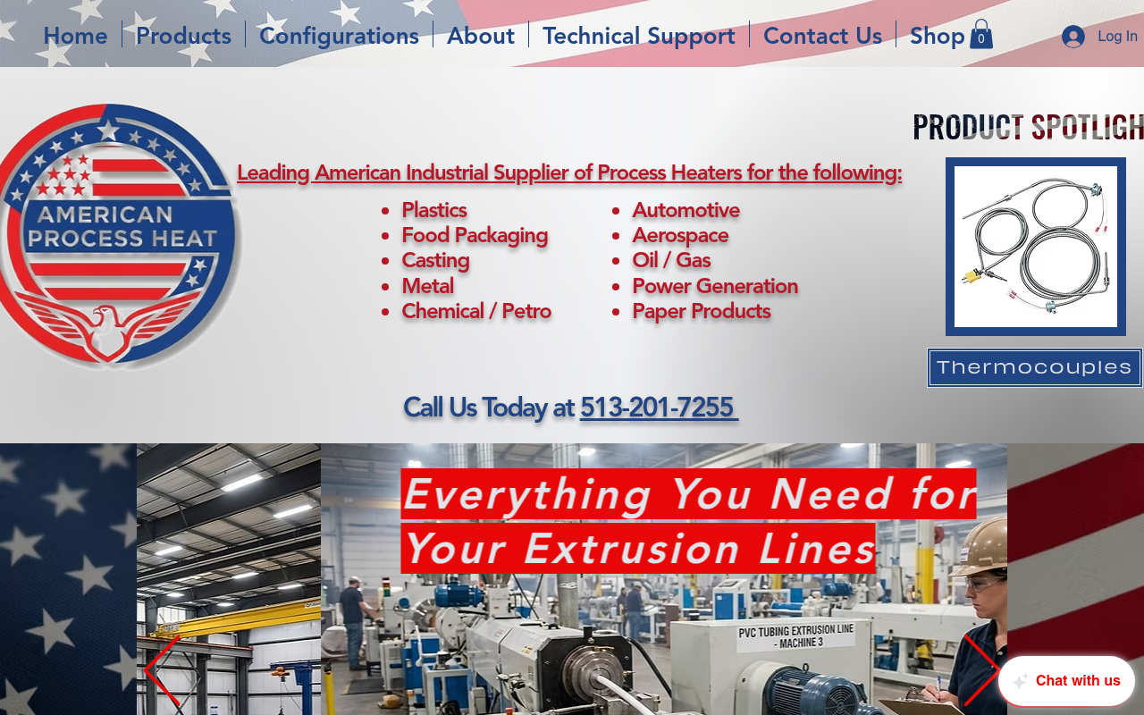 American Process Heat homepage with the company logo and industry list