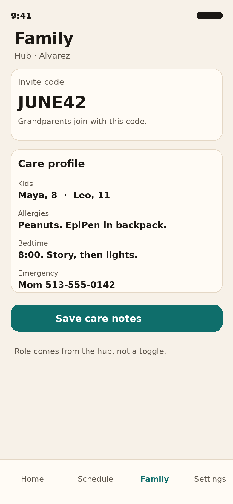 Maw and Paw family screen with invite code and care notes